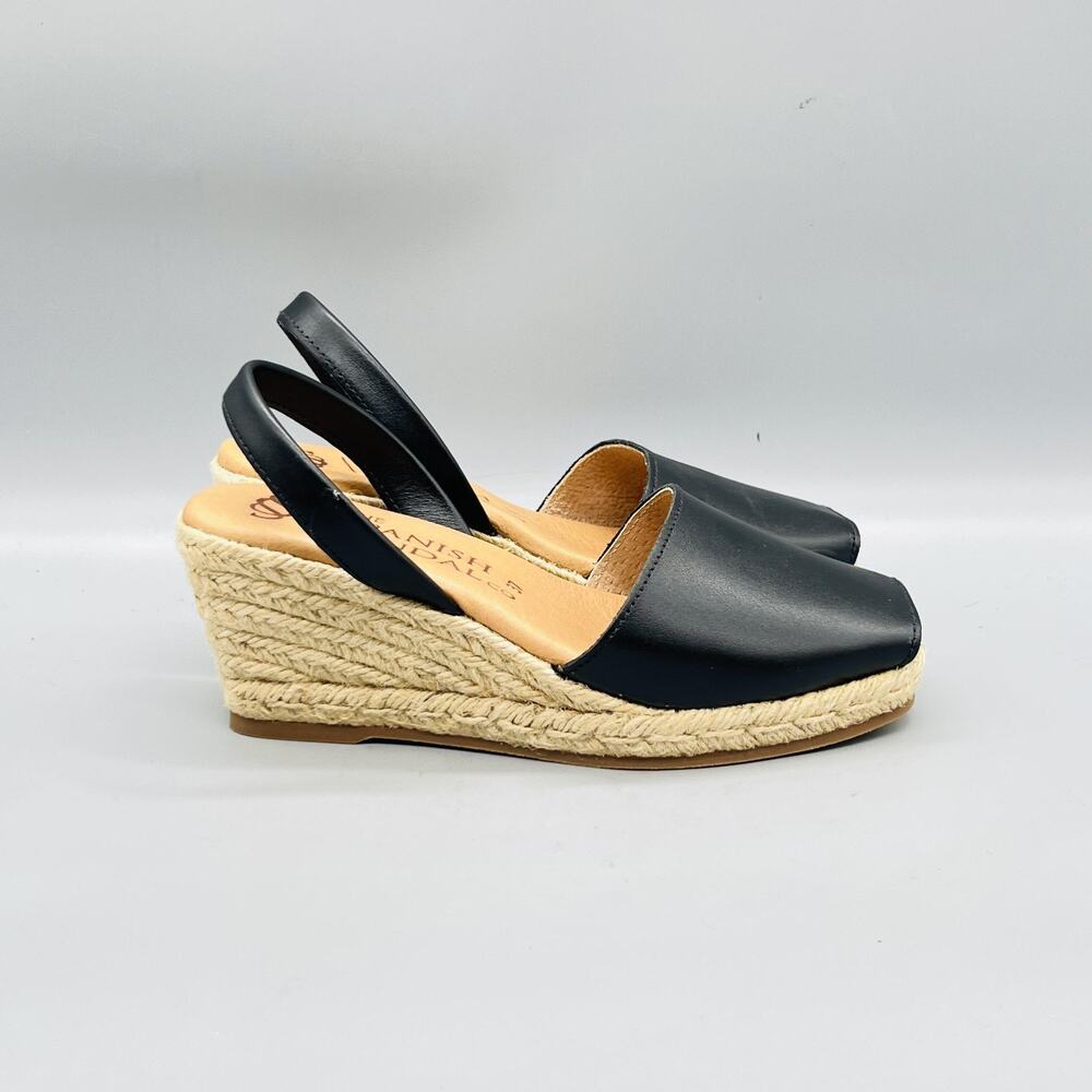 The Spanish Sandal Co Sandals Womens 7 Black Leather Peep Toe Espadrille Shoes